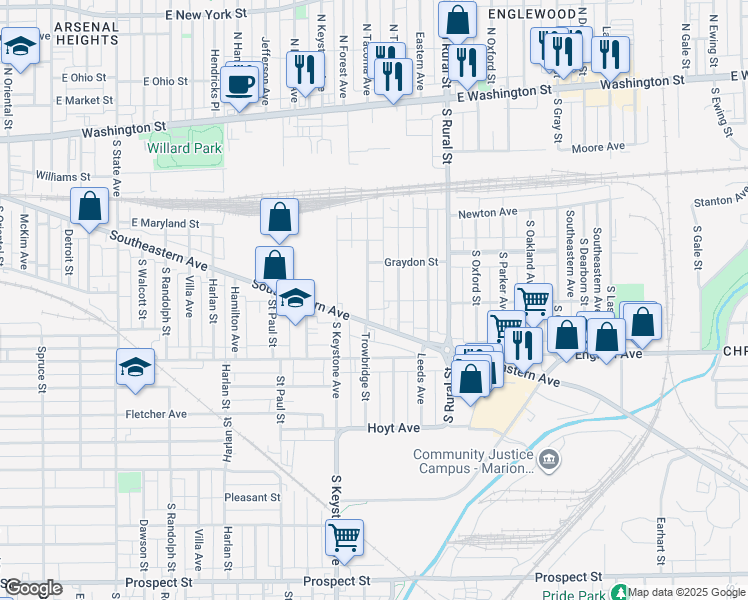 map of restaurants, bars, coffee shops, grocery stores, and more near 333 Trowbridge Street in Indianapolis