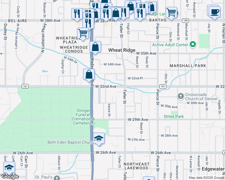 map of restaurants, bars, coffee shops, grocery stores, and more near 7300 West 32nd Avenue in Wheat Ridge