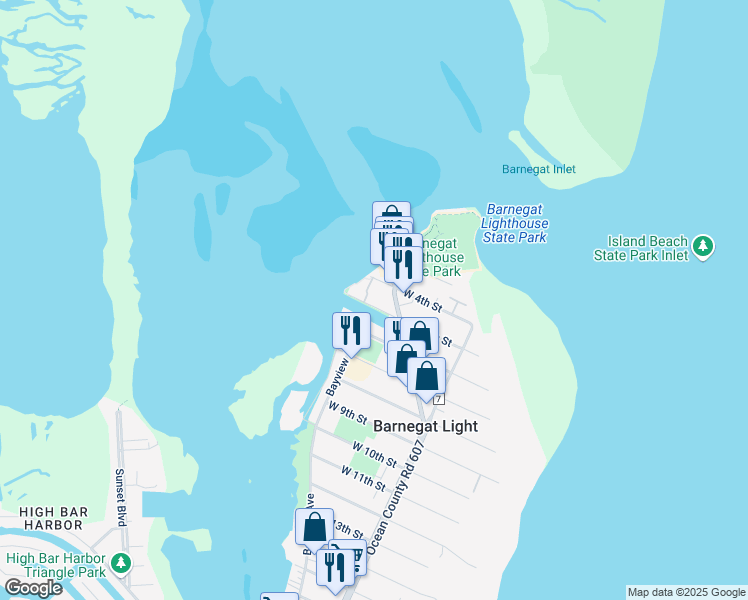 map of restaurants, bars, coffee shops, grocery stores, and more near 40 West 4th Street in Barnegat Light