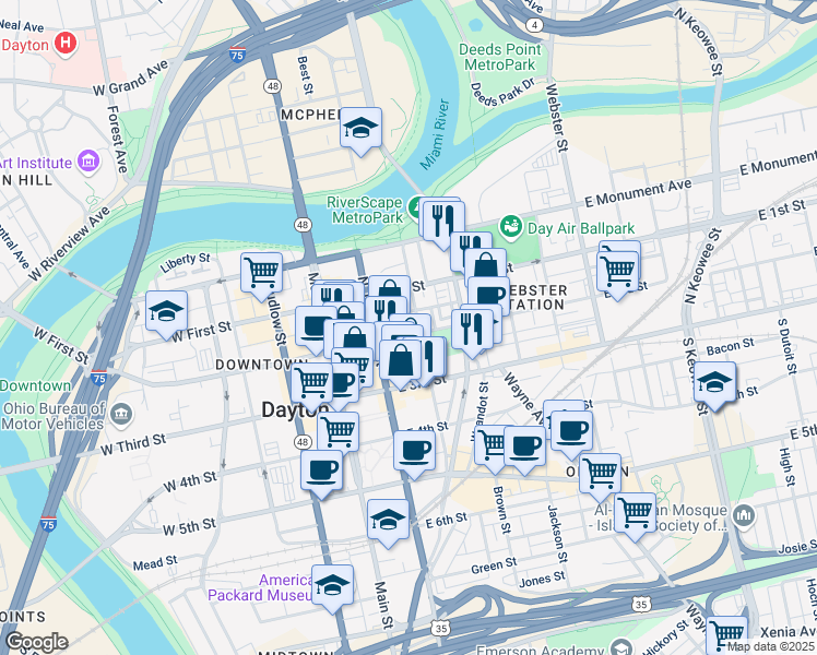 map of restaurants, bars, coffee shops, grocery stores, and more near 157e East 2nd Street in Dayton