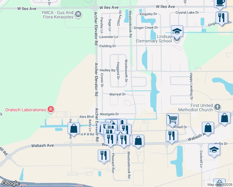 map of restaurants, bars, coffee shops, grocery stores, and more near 4111 Marryat Drive in Springfield