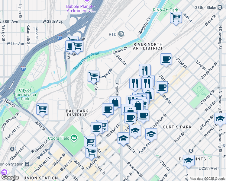 map of restaurants, bars, coffee shops, grocery stores, and more near 2700 Wewatta Way in Denver