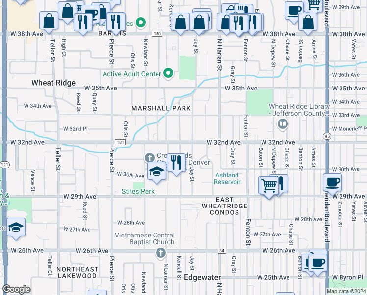 map of restaurants, bars, coffee shops, grocery stores, and more near 6250 West 32nd Avenue in Wheat Ridge