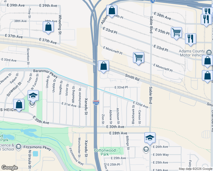 map of restaurants, bars, coffee shops, grocery stores, and more near 13780 East Smith Drive in Aurora