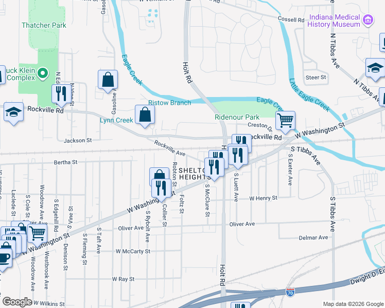 map of restaurants, bars, coffee shops, grocery stores, and more near 3920 Rockville Avenue in Indianapolis