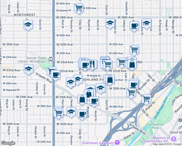 map of restaurants, bars, coffee shops, grocery stores, and more near 2519 West 32nd Avenue in Denver