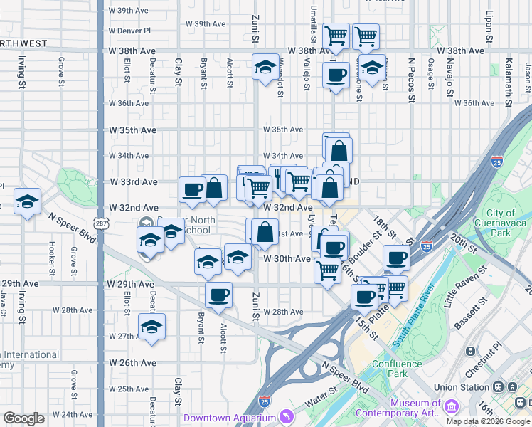 map of restaurants, bars, coffee shops, grocery stores, and more near 3161 Wyandot Street in Denver