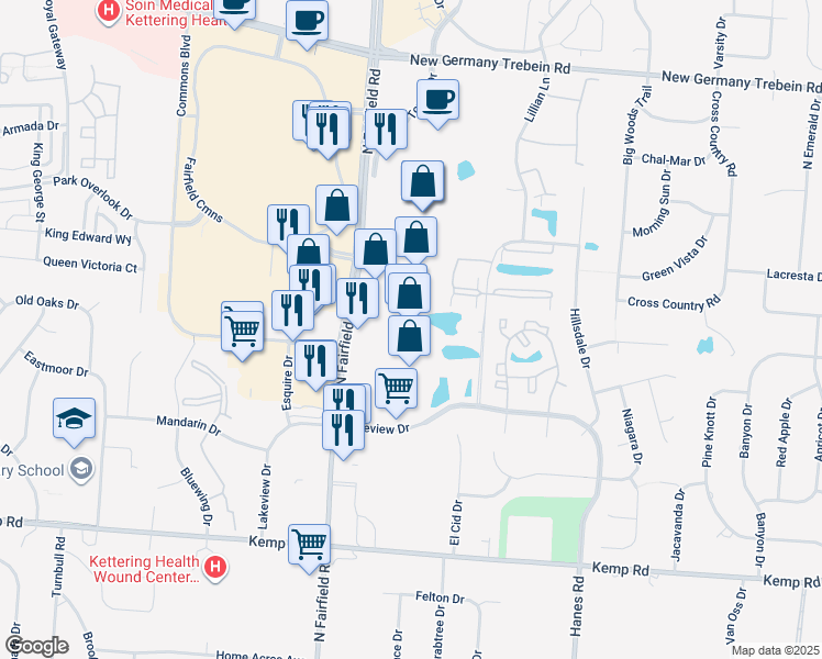 map of restaurants, bars, coffee shops, grocery stores, and more near 2490 North Fairfield Road in Beavercreek