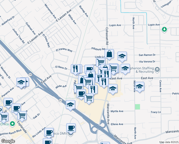 map of restaurants, bars, coffee shops, grocery stores, and more near 793 Portal Drive in Chico