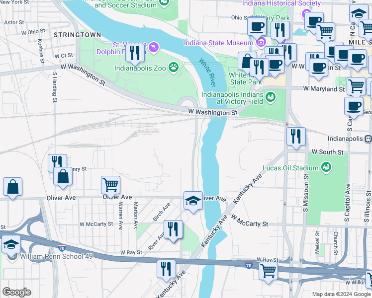 map of restaurants, bars, coffee shops, grocery stores, and more near 350 South White River Parkway Drive West in Indianapolis