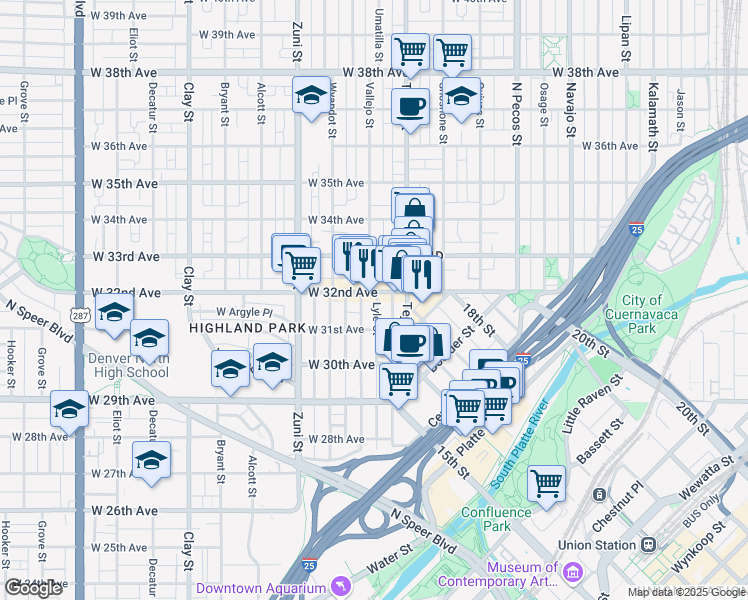 map of restaurants, bars, coffee shops, grocery stores, and more near in Denver
