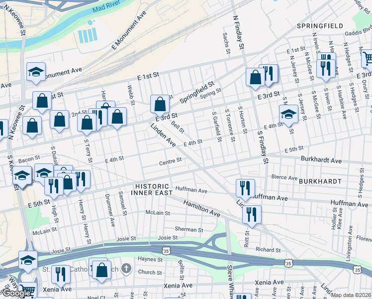 map of restaurants, bars, coffee shops, grocery stores, and more near 102 Linden Avenue in Dayton