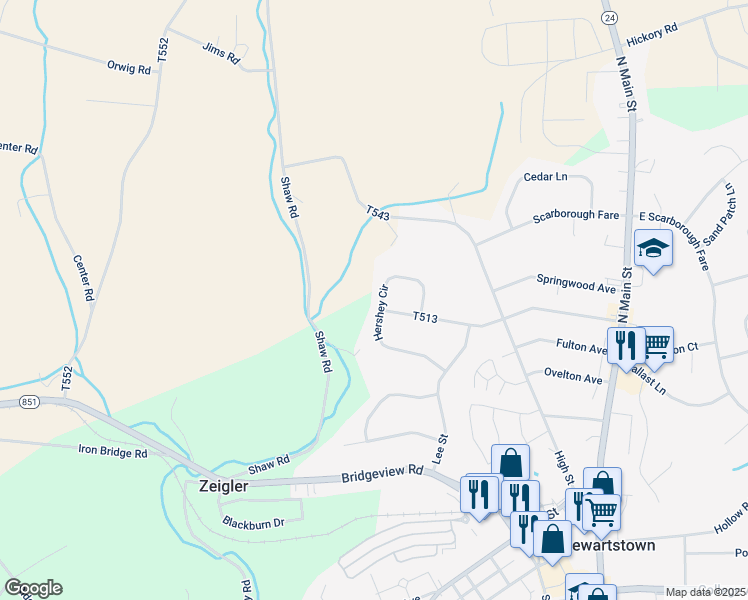 map of restaurants, bars, coffee shops, grocery stores, and more near 127 Hershey Cir in Stewartstown