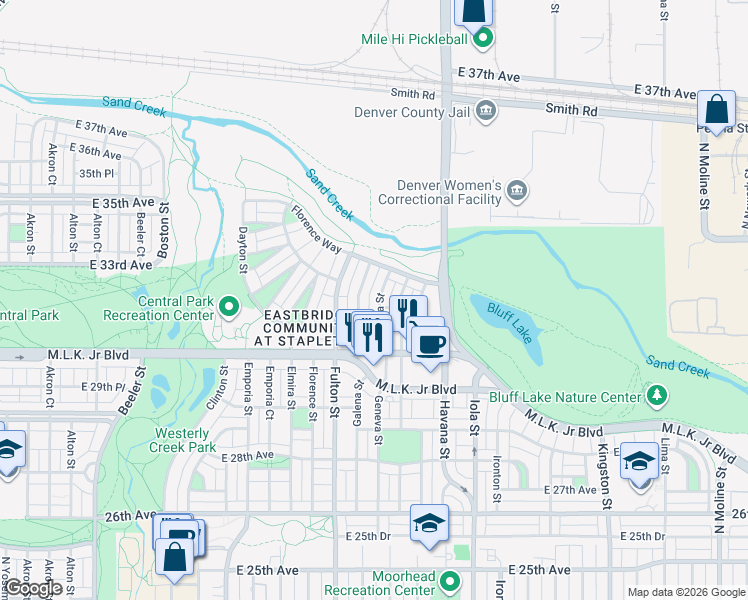map of restaurants, bars, coffee shops, grocery stores, and more near 3183 Galena Street in Denver