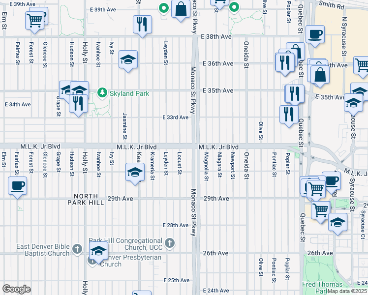 map of restaurants, bars, coffee shops, grocery stores, and more near in Denver