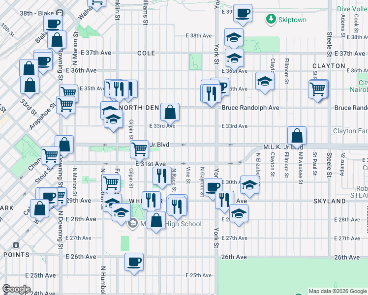map of restaurants, bars, coffee shops, grocery stores, and more near in Denver