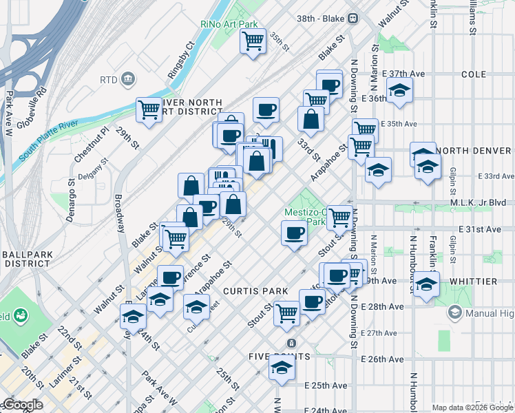 map of restaurants, bars, coffee shops, grocery stores, and more near 3025 Lawrence Street in Denver