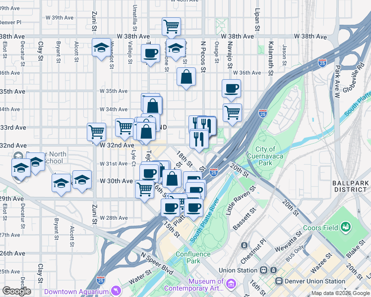 map of restaurants, bars, coffee shops, grocery stores, and more near 1756 West 32nd Avenue in Denver