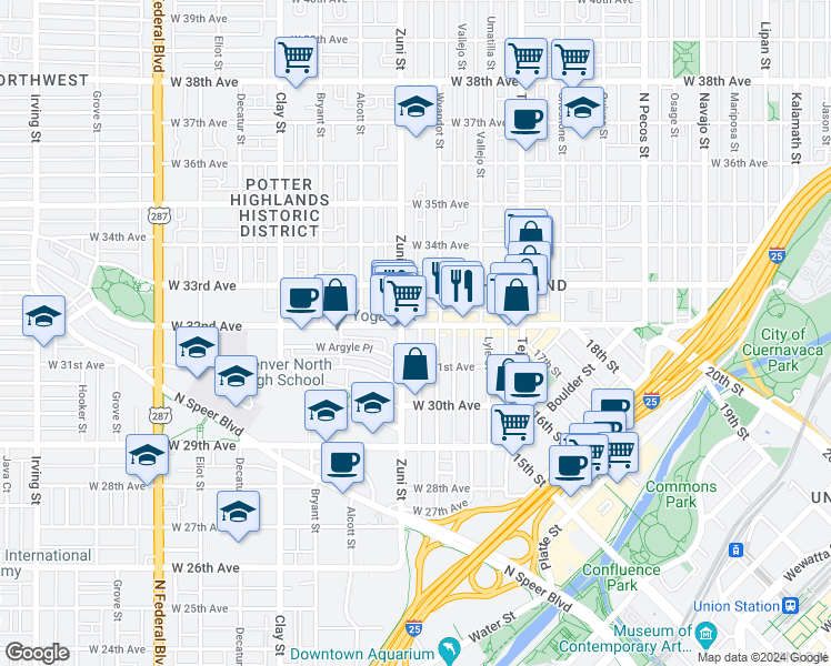 map of restaurants, bars, coffee shops, grocery stores, and more near 3161 Wyandot Street in Denver