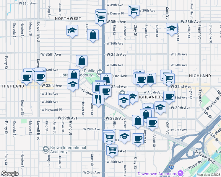 map of restaurants, bars, coffee shops, grocery stores, and more near 2900 West 32nd Avenue in Denver