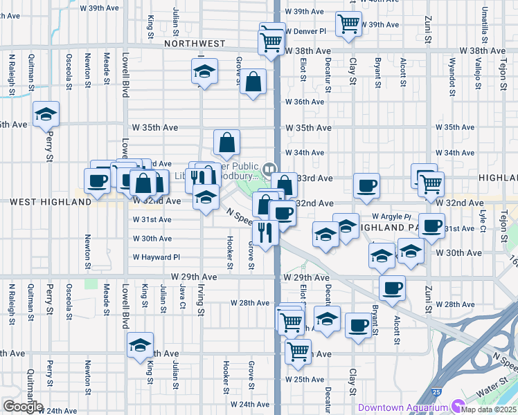 map of restaurants, bars, coffee shops, grocery stores, and more near 3106 West 32nd Avenue in Denver