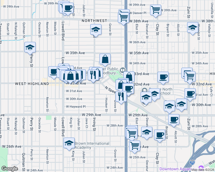map of restaurants, bars, coffee shops, grocery stores, and more near 3178 Speer Boulevard in Denver