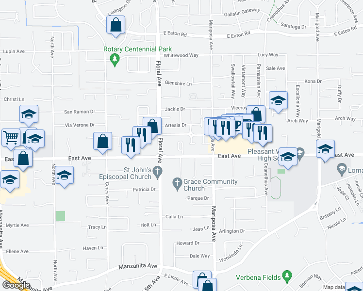 map of restaurants, bars, coffee shops, grocery stores, and more near 10 Cleaves Court in Chico