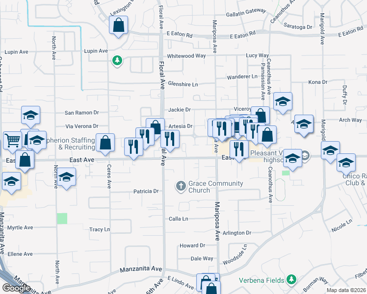 map of restaurants, bars, coffee shops, grocery stores, and more near 10 Cleaves Court in Chico