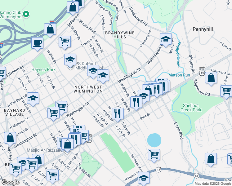 map of restaurants, bars, coffee shops, grocery stores, and more near 206 West 38th Street in Wilmington