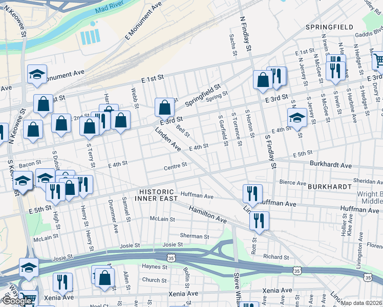 map of restaurants, bars, coffee shops, grocery stores, and more near 102 Linden Avenue in Dayton