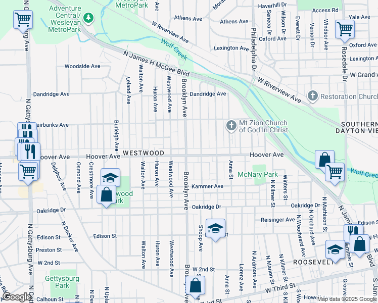 map of restaurants, bars, coffee shops, grocery stores, and more near 612 Brooklyn Avenue in Dayton