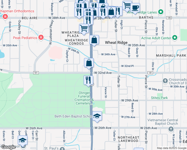 map of restaurants, bars, coffee shops, grocery stores, and more near 3190 Wadsworth Boulevard in Wheat Ridge