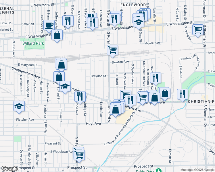 map of restaurants, bars, coffee shops, grocery stores, and more near 330 South Rural Street in Indianapolis
