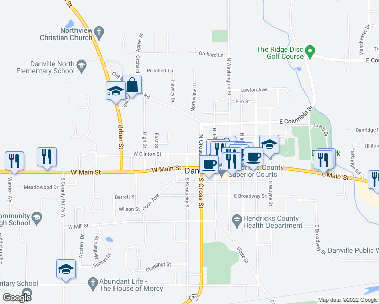 map of restaurants, bars, coffee shops, grocery stores, and more near 294 West Clinton Street in Danville