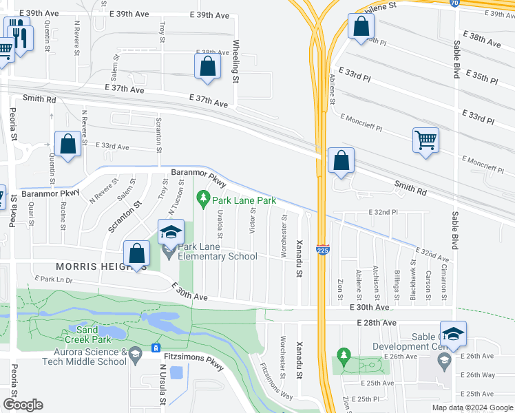 map of restaurants, bars, coffee shops, grocery stores, and more near 3188 Victor Street in Aurora