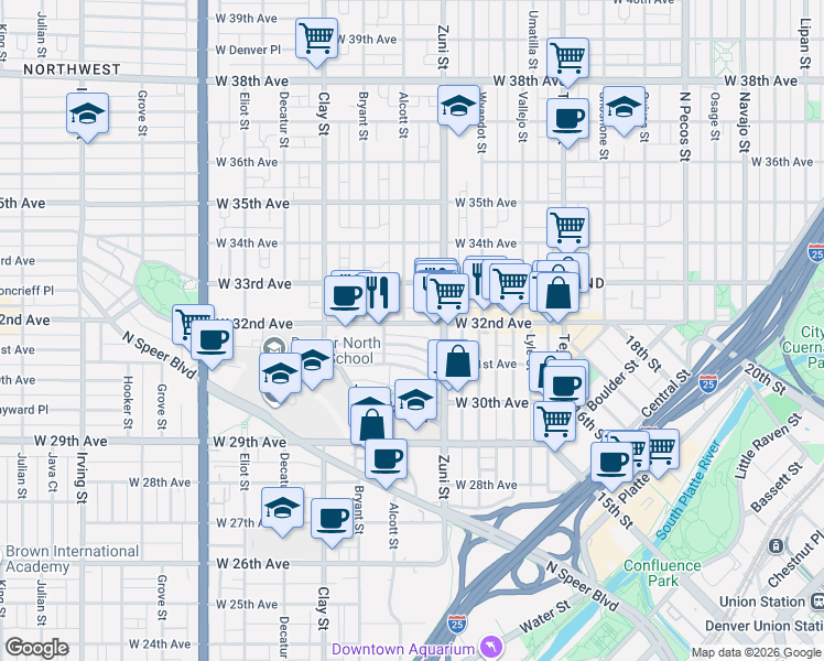 map of restaurants, bars, coffee shops, grocery stores, and more near 2448 West 32nd Avenue in Denver