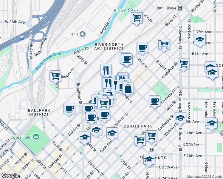 map of restaurants, bars, coffee shops, grocery stores, and more near 2851 Walnut Street in Denver