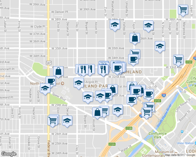 map of restaurants, bars, coffee shops, grocery stores, and more near 2448 West 32nd Avenue in Denver
