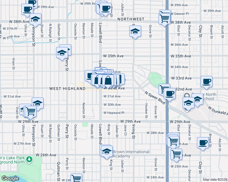 map of restaurants, bars, coffee shops, grocery stores, and more near 3424 West 32nd Avenue in Denver