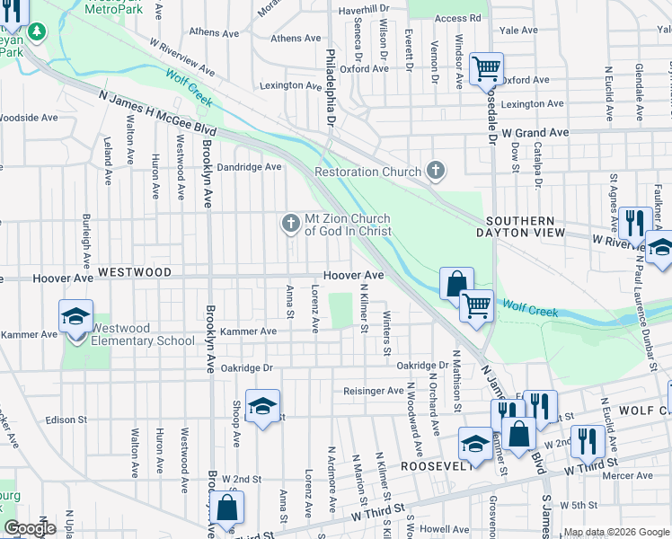 map of restaurants, bars, coffee shops, grocery stores, and more near 2407 Hoover Avenue in Dayton