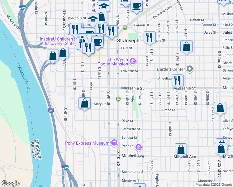 map of restaurants, bars, coffee shops, grocery stores, and more near 620 South 10th Street in Saint Joseph