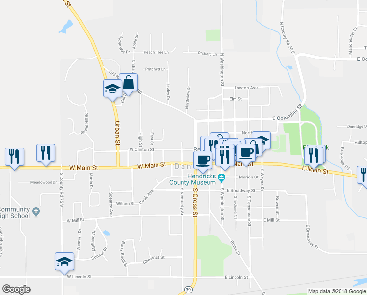 map of restaurants, bars, coffee shops, grocery stores, and more near 296 West Clinton Street in Danville