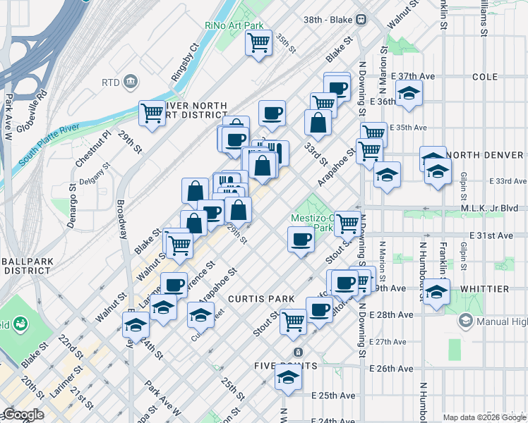 map of restaurants, bars, coffee shops, grocery stores, and more near 3025 Lawrence Street in Denver