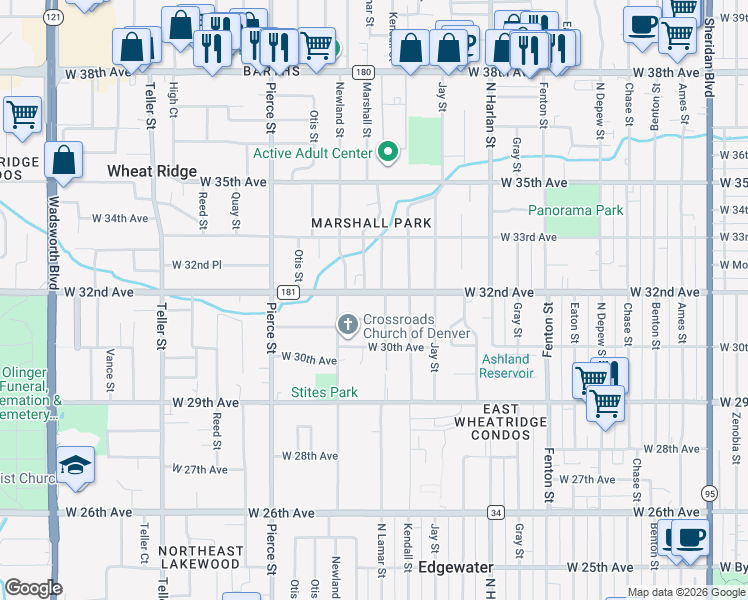 map of restaurants, bars, coffee shops, grocery stores, and more near 6440 West 32nd Avenue in Wheat Ridge