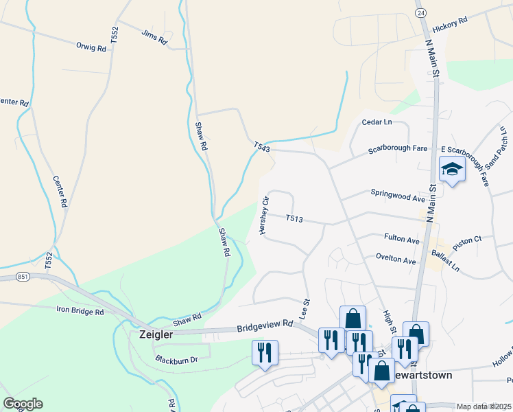 map of restaurants, bars, coffee shops, grocery stores, and more near 127 Hershey Cir in Stewartstown