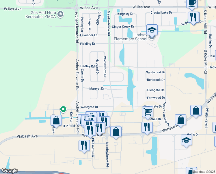 map of restaurants, bars, coffee shops, grocery stores, and more near 4003 Marryat Drive in Springfield