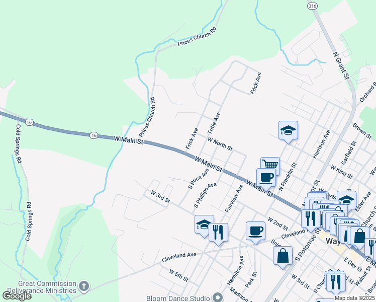 map of restaurants, bars, coffee shops, grocery stores, and more near 5 Frick Avenue in Waynesboro