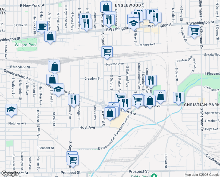 map of restaurants, bars, coffee shops, grocery stores, and more near 343 South Oxford Street in Indianapolis