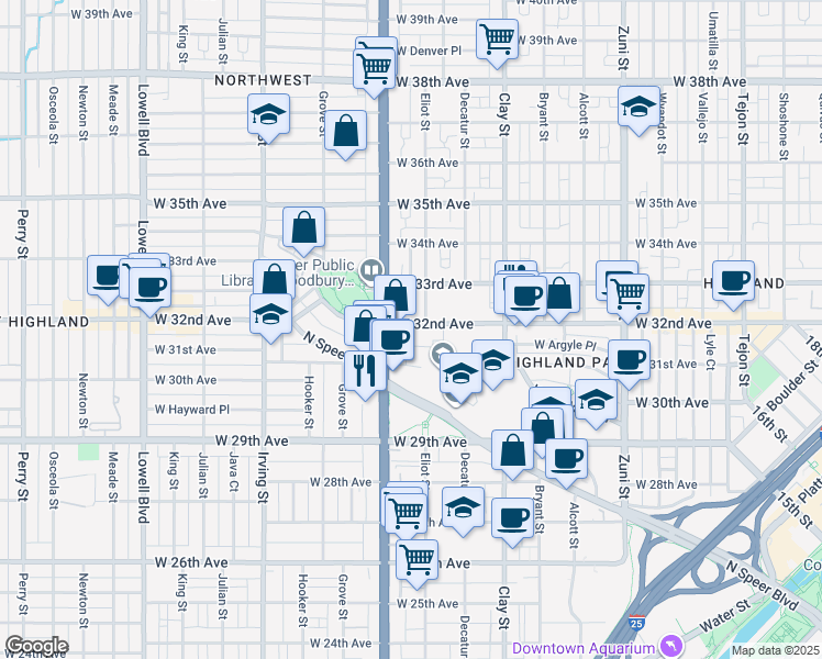 map of restaurants, bars, coffee shops, grocery stores, and more near 2900 West 32nd Avenue in Denver