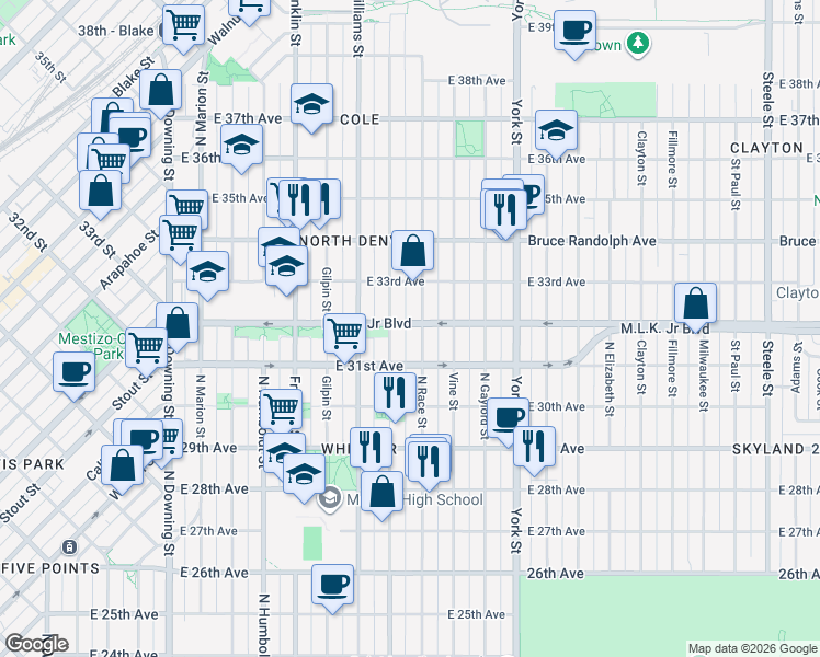 map of restaurants, bars, coffee shops, grocery stores, and more near 1930 Martin Luther King Junior Boulevard in Denver